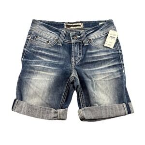 BKE Denim Payton Mid Rise Rhinestone Pockets Cuffed Denim Shorts Size 25